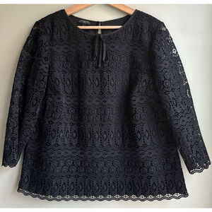 Talbots Petite Black Geometric Floral Lace Top 3/4 Sleeve Lined Zip Party LP